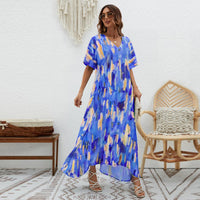 Printed High-Waisted Loose Fit Swing Dress With Short Sleeves For Women
