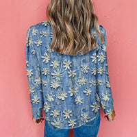 Retro Printed Chiffon Blouse Womens Textured Long-Sleeve Top