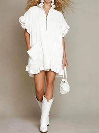 Short-sleeve Double-pocket Dress With Zipper And Ruffled Hem, A-line Womens Outfit