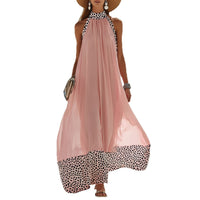 Mesh Contrast-color Halter Maxi Dress Sleeveless Casual Sundress