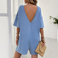 Women's Loose Pockets Back V-neck Short-sleeved Jumpsuit
