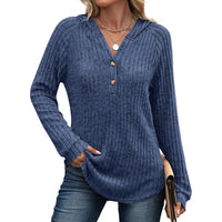 Solid Color And V-neck Button Loose Hooded Fleece Knitted Top