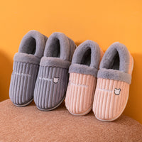 Corduroy Striped Faux Rabbit-Fur Slippers For Couples