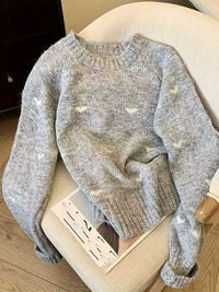 Women's Comfortable Sweater With Heart Pattern Long-Sleeved Crew-Neck Pullover
