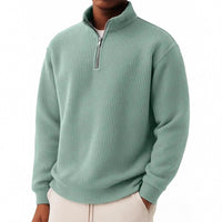 Solid-color Pullover Zip-up Relaxed-fit Casual Premium Waffle-knit Long-sleeve Polo Shirt