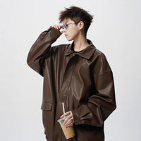 Mens Heavy Weight Retro American High-street Biker Leather Jacket For Spring