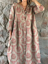 Womens Fashionable Round-Neck Long-Sleeve Printed Shirt Dress