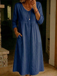 Fashionable Casual Loose Long-Sleeve Cotton-Linen Button-Up Womens Long Dress