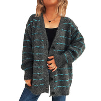 Retro Loose Striped Contrast Color Single-breasted Long Knitted Cardigan Sweater