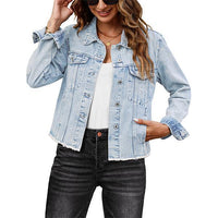 Female Solid Color Casual Embossed Denim Jacket Button Top