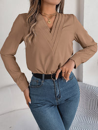 Elegant Solid Color Layered V-Neck Long Sleeve Blouse