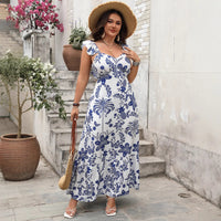 New Arrival Womens Long Dress Printed Waist-Cinching Square-Neck Strap Loose Dress