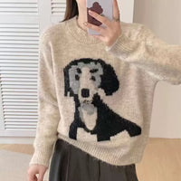 Round Neck Cartoon Pattern Gray Sweater For Women