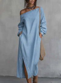Fashionable Off-the-shoulder Slit Straight-leg, Loose-fitting Long Dress