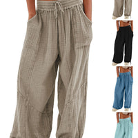 Fashionable Solid-Colored Wide-Leg Pants With Ties And Pockets Long Pants
