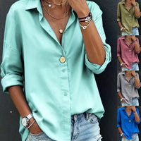 Women's Casual Loose Fashion Solid Color Long-Sleeve Lapel Shirt