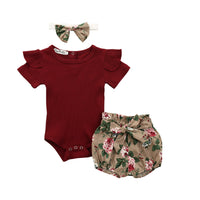 Girl Baby Set Short Sleeved Jumpsuit Crawling Suit Floral Shorts Headwear