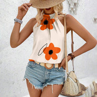 Spring And Summer Sleeveless Halter Floral Printed Shirt Top