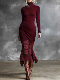 Turtleneck Knit Dress With A Lace Hema Sophisticated Mid-length Skirt