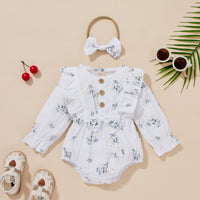 Girl's Long Sleeve Sweet Cute Three-color Cotton Jacquard Flounced Sleeve Triangle Rompers