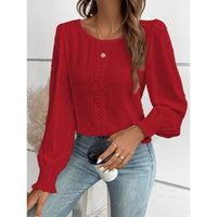 Womens Casual Top With Dotted Lace Trim And Lantern Sleeves