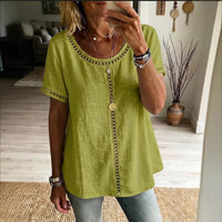 Women's Spring Summer Comfortable Casual Patchwork Hollowed-Out Trim Top T-Shirt