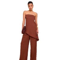 Womens Elegant Sexy Casual Loose Tube Top And Ice Silk Pleated Solid Color Straight Pants Set