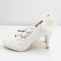 White Matte Lace Flower Wedding Stiletto Heels