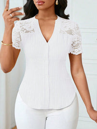 Versatile Slim-fit Embroidered Hollow-out Short-sleeve Top With A Single-breasted Design