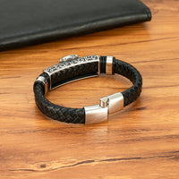 Lion Ox Head Tiger Heavy-Duty Stainless Steel Genuine Leather Magnetic-Clasp Mens Bracelet