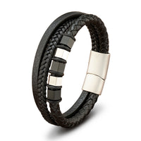 Multi-layer Mens Leather Braided Rope Stainless Steel Bracelet