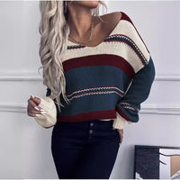 Women's V-neck Casual Loose Contrast Color Striped Pullover