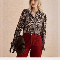 New Womens Casual Leopard-print Stand-collar Long-sleeve Cardigan Shirt