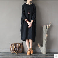 Loose-fitting Hooded Robe-style Dress With Fleece-lined Cotton-linen Fabric