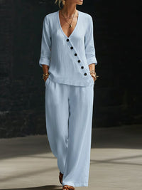 Loose-fitting V-neck Cross-over Shirt And Wide-leg Pants