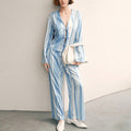 Striped Long-sleeved Shirt Straight-leg Trousers Pajamas Two-piece Set For Women