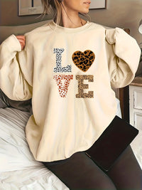 Round Neck Leopard Print Love Plus Size Sweater For Girls