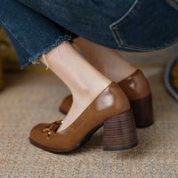 Womens Retro Square-Toe French-Style Chunky-Heel Pumps