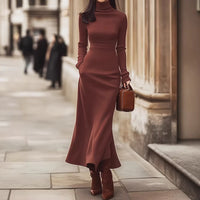 Womens Elegant High-Neck Slim-Fit Long-Sleeve Knitted Dress