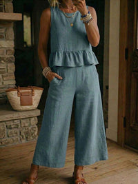Womens Ruffled Hem Sleeveless Tank Top And Cropped Pants Cotton-Linen Set