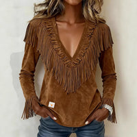 Tasseled Suede V-Neck Fashionable Slim-Fit Womens Blouse