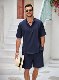 Men's 2 Pieces Linen Set Henley Shirt Short Sleeve And Shorts Summer Beach Yoga Matching Outfits