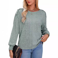 Solid Color Round Neck Fastener Decorative Long Sleeve Top