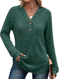Solid Color And V-neck Button Loose Hooded Fleece Knitted Top
