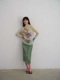 Micro-translucent Pleated Irregular Print High-neck Slim-fit Base T-shirt