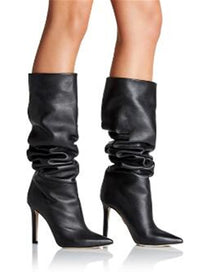 Solid Color Lychee Pattern Wedge Heel Sexy Pointed Toe Over The Knee Fashionable High-top Boots