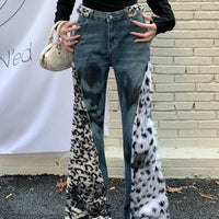 Women's Washed Leopard Splicing Skinny Jeans