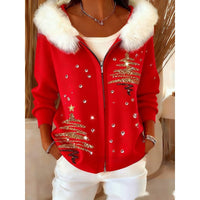Stylish 3D Digital-Print Womens Cardigan With Faux Fur Hoodie