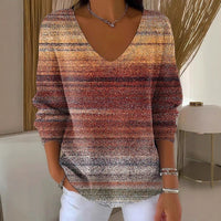 Drop Shoulder V-neck Long Sleeve Pullover 3D Digital Printing Women's Top T-shirt