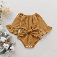 Girls' Solid Color Long Sleeve Bowknot Romper